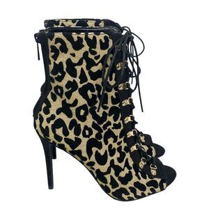 Anne Michelle Metallic Gold & Black Heel Ankle Booties Lace Up Peep Toe Size 7